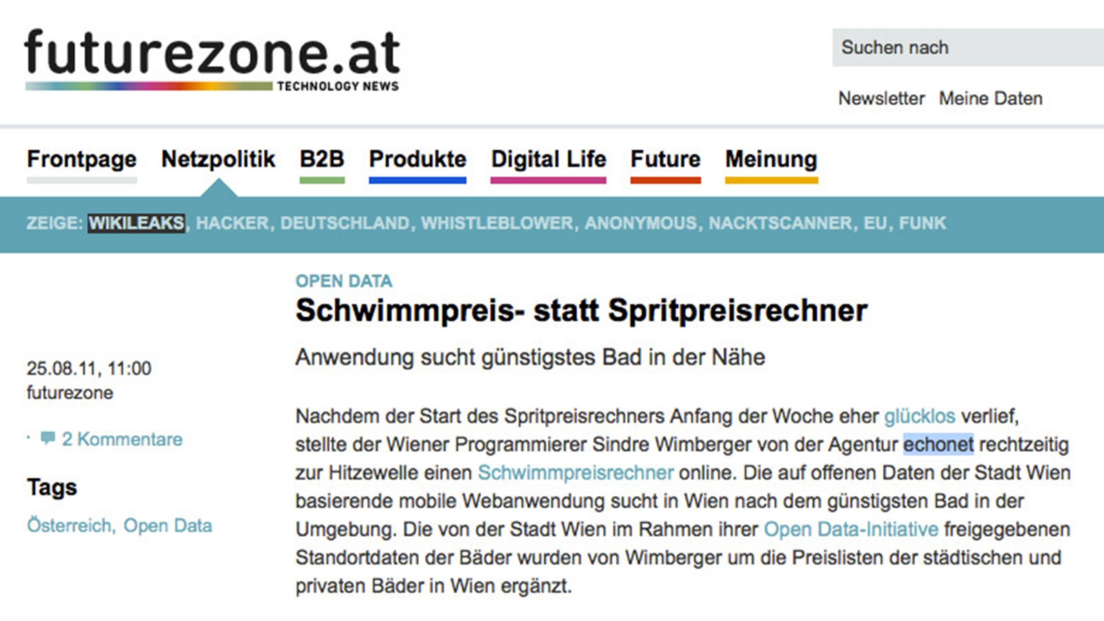 Futurezone-Artikel Schwimmpreis- statt Spritpreisrechner (2011-08-25) © Futurezone